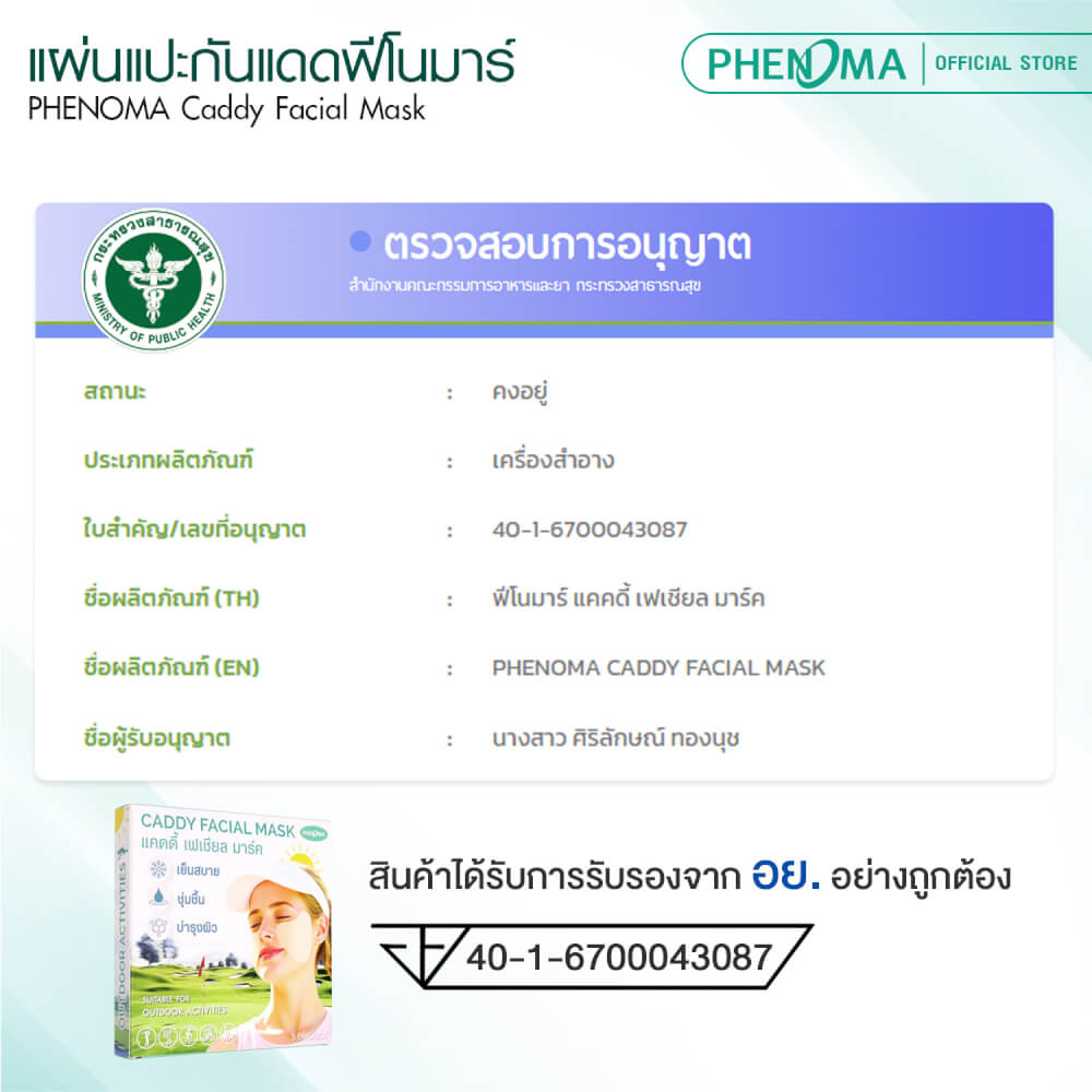 แผ่นแปะกันแดด PHENOMA CADDY FACIAL MASK ปกป้องผิวจากแสงแดด ใช้ได้ทุกสภาพผิว